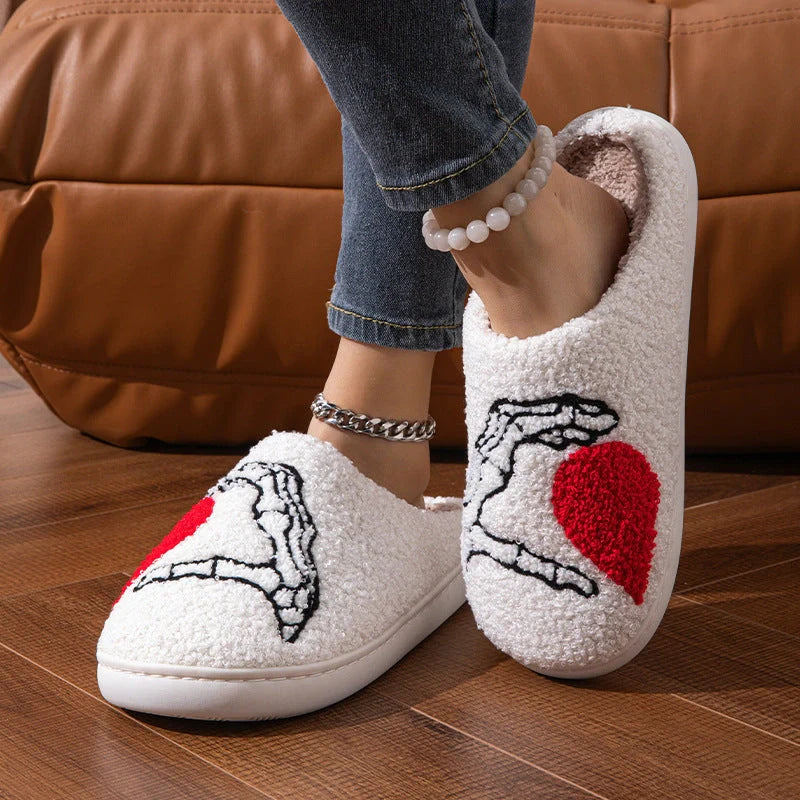 Halloween Skull Hand Slippers in black and white with non-slip soles