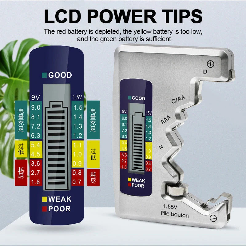 Universal Digital Battery Tester with LCD display for checking AA, AAA, 9V, and button cell batteries