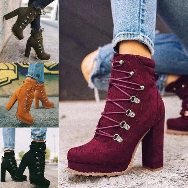 Women's round toe lace-up heeled boots in suede with 8cm high heel