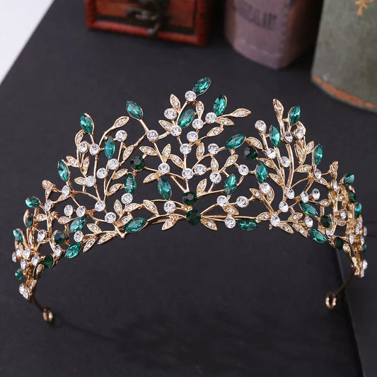 Vintage rhinestone headdress crown with green phantom quartz crystals, perfect for stage and party