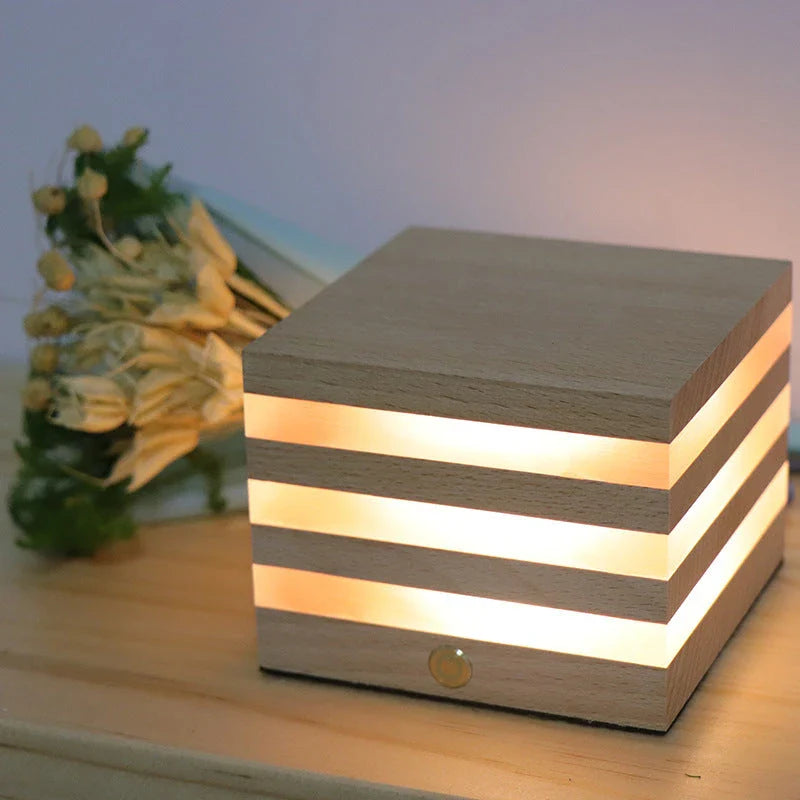 Cozy wooden LED night light with a warm, soothing glow in a Nordic-inspired design