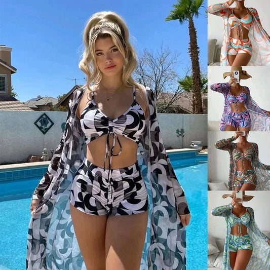 3-piece Pring bikini set with long sleeve cardigan for women, floral design