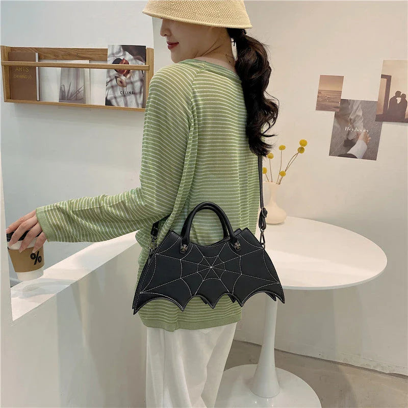 Halloween-inspired Spider Web Messenger Bag with intricate embroidery details, made of high-quality PU leather with adjustable strap
