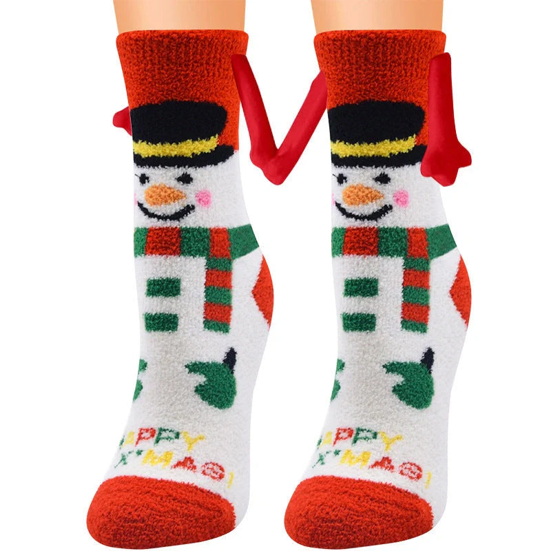Christmas couple socks with magnetic suction feature for hand holding, festive 3D animal patterns
