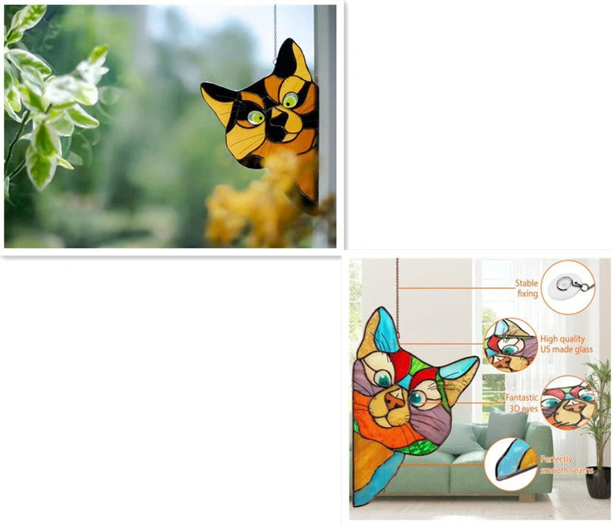 Colourful stained glass cat window hanger decoration, reusable PVC sticker