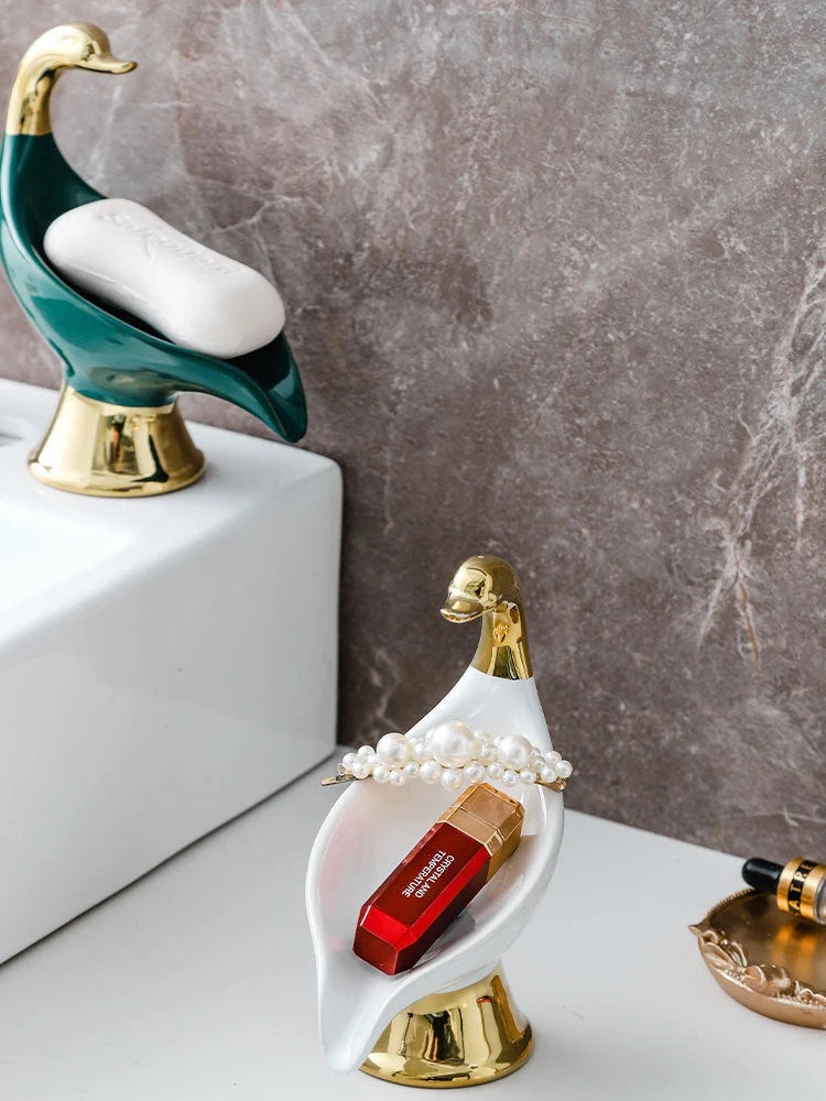 Ceramic swan soap rack in white and green with drainage cover