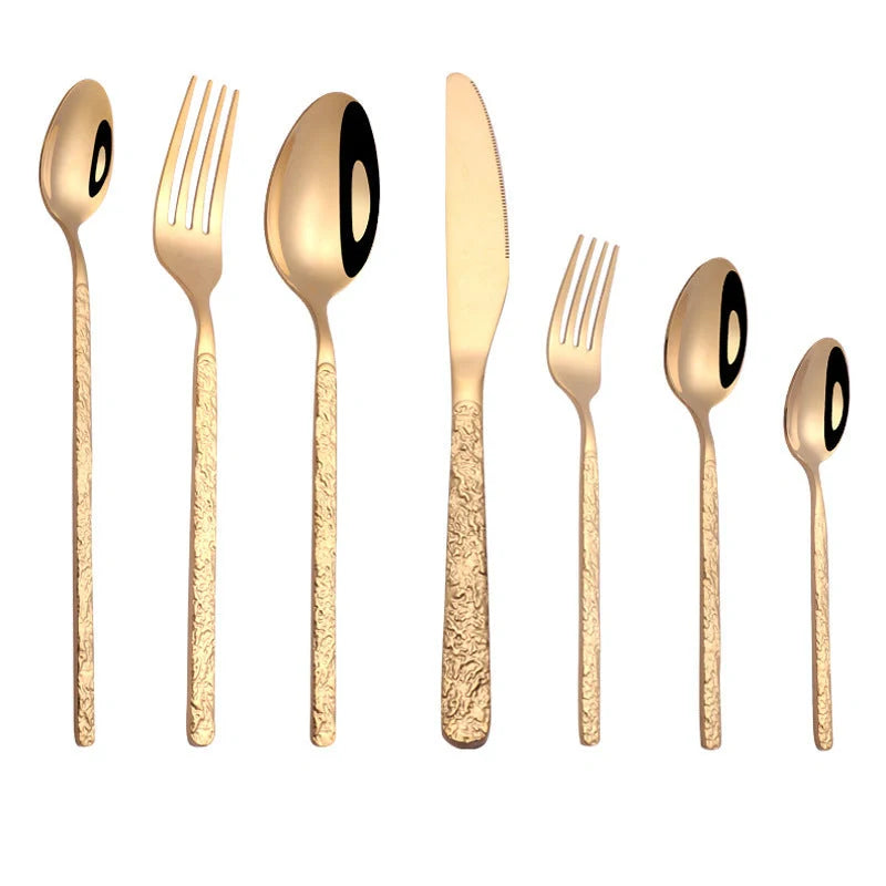 Premium steak cutlery set with embossed textured handles, made of durable stainless steel for a refined dining experience.