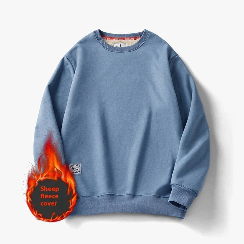 Cozy fleece pullover sweatshirt for men in a variety of colors including apricot, navy blue, red, black, light blue, burgundy, light gray, and dark gray