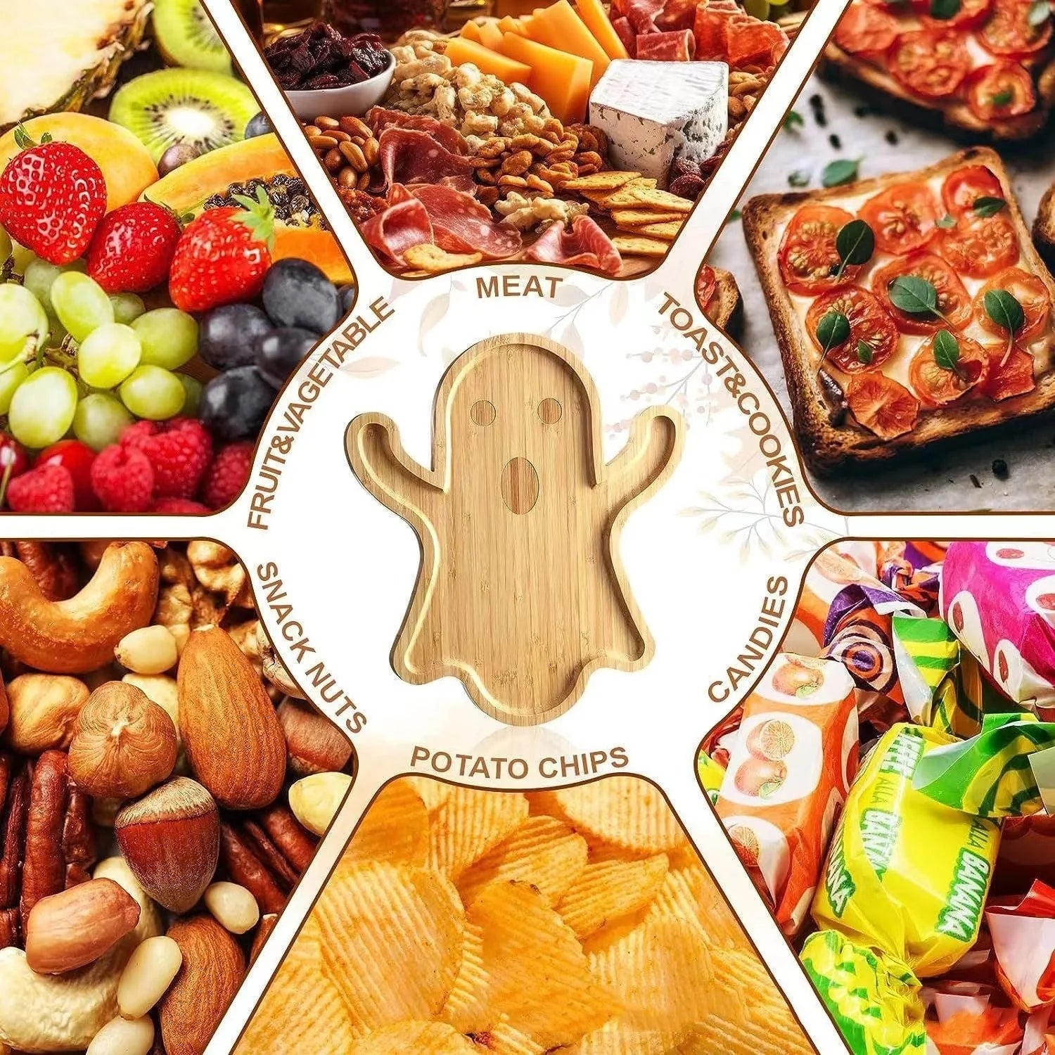 Halloween bamboo cheese platter with ghost design, perfect for parties and gatherings.