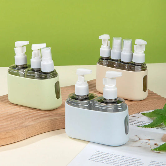 Leak-proof travel bottle set in green, blue, beige, gray, and pink