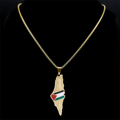 Stainless steel Israel and Palestine map pendant necklace in gold and silver colors