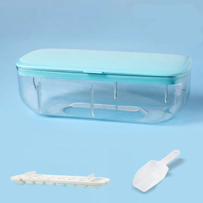 Quick demould ice cube tray set with storage box in yellow, blue, and pink