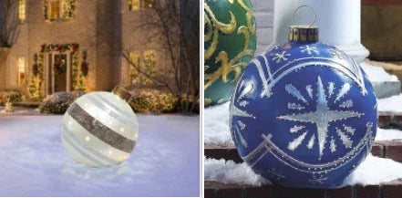 Inflatable Christmas baubles in various festive designs for outdoor holiday decoration