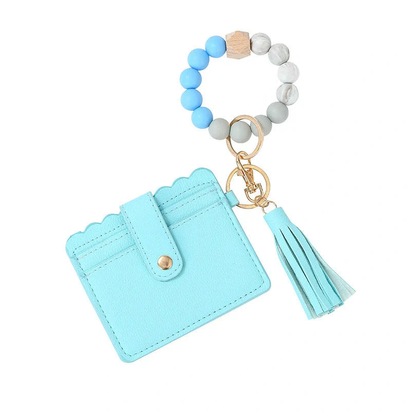 Women's silicone beads and PU tassel bracelet keychain in various colours