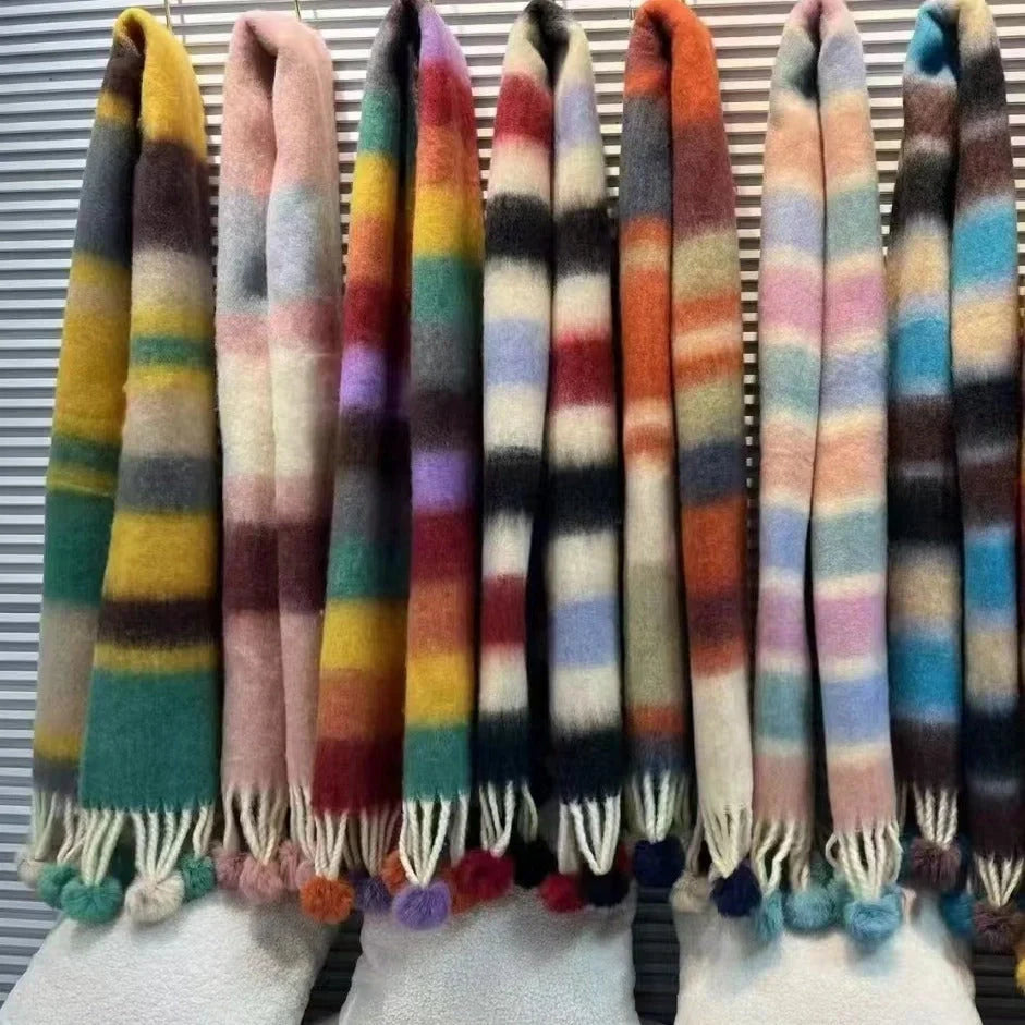Vibrant rainbow mohair tassel scarf for warmth and style