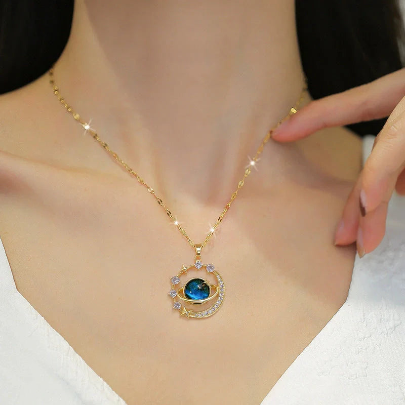 Stainless steel astronaut necklace with rhinestone pendant, adjustable O-ring chain