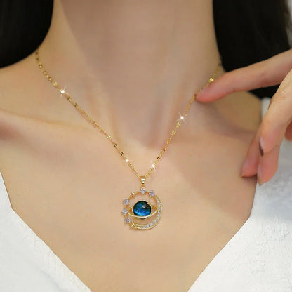 Stainless steel astronaut necklace with rhinestone pendant, adjustable O-ring chain