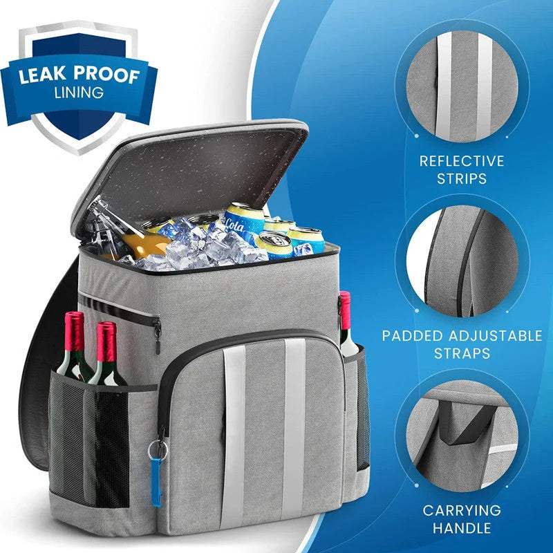 Premium refrigerated backpack in grey and black colours, perfect for picnics and outdoor adventures in the British countryside