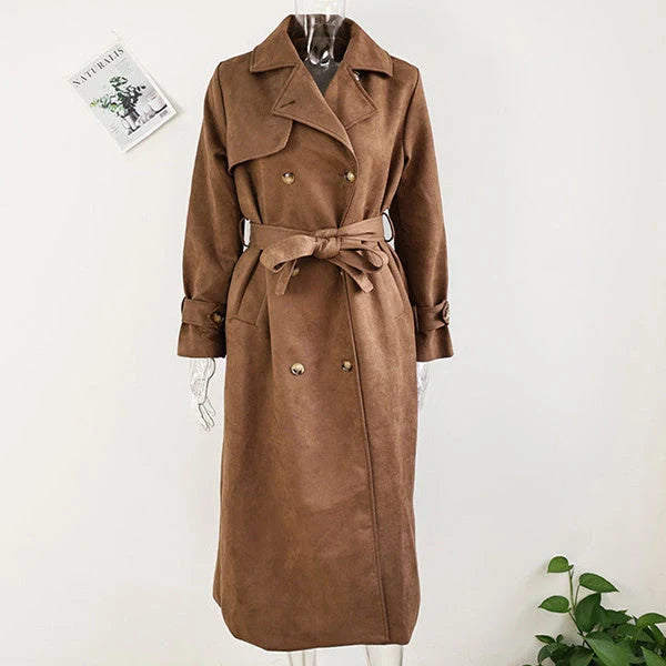 Double-breasted vintage suede long coat with belt for women in brown and light brown
