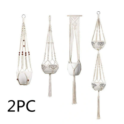Handmade bohemian macrame hanging plant baskets in a set of four, perfect for home decor.