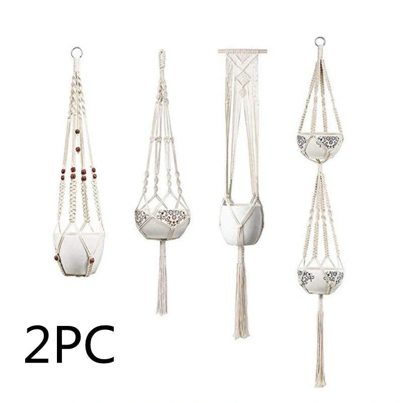 Handmade bohemian macrame hanging plant baskets in a set of four, perfect for home decor.