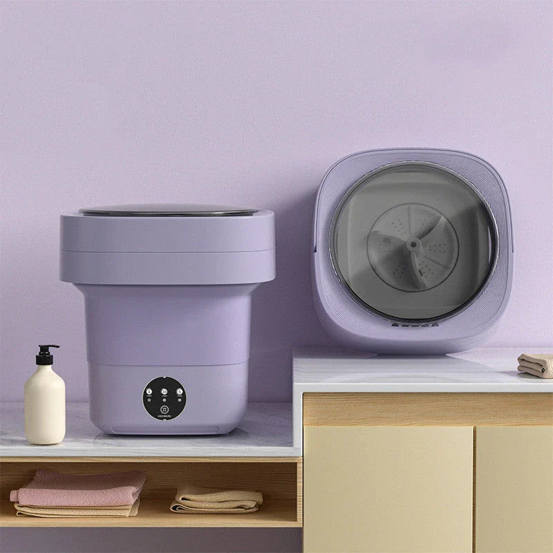 Compact folding washing machine for small spaces and travel, featuring a lightweight, portable design with powerful cleaning capabilities