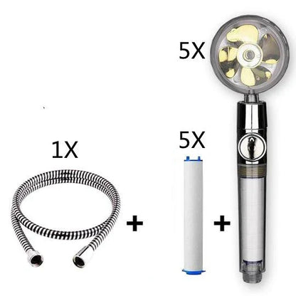 A high-pressure shower head with a stop button, cotton filter, and powerful water pressure for a luxurious bathing experience.