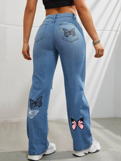 High-waisted straight leg jeans with trendy butterfly print, distressed detailing, and button closure for a stylish, flattering look.