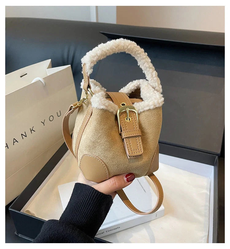 Retro plush crossbody bag for women in black, brown, coffee, and khaki