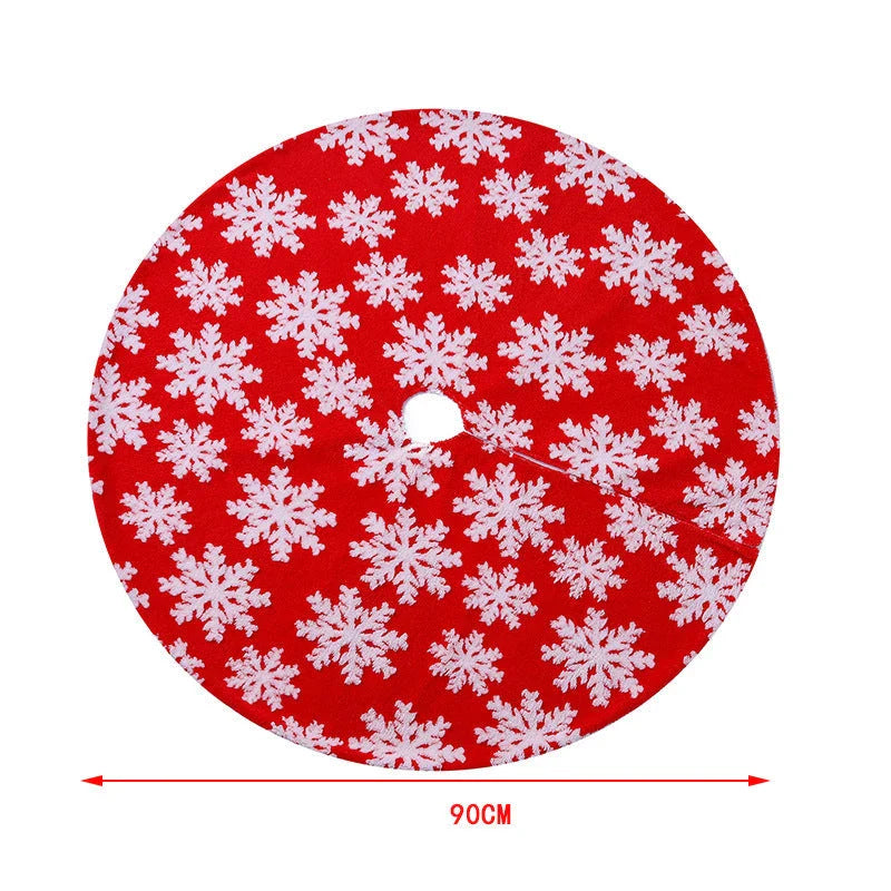 Soft, plush Christmas tree carpet skirt in red and grey, adding festive charm to a living room