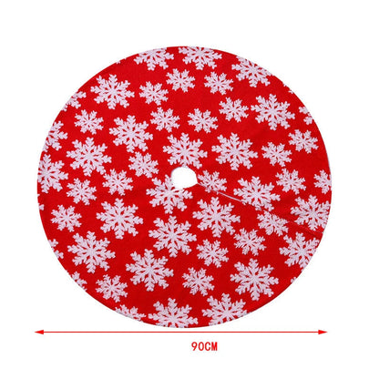 Soft, plush Christmas tree carpet skirt in red and grey, adding festive charm to a living room