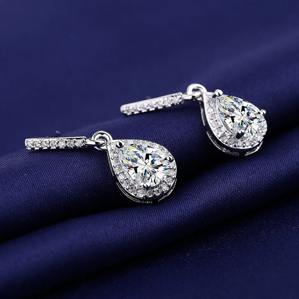 Drop shape ear studs with micro inlaid zircon stones in white gold colour finish