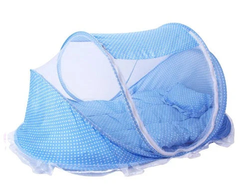 Foldable baby mosquito net bed with soft mattress and pillows, providing a safe and comfortable sleeping environment for infants and toddlers.