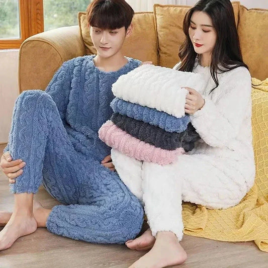 Cozy coral velvet pajama set with long sleeves and drawstring trousers for indoor and outdoor casual wear