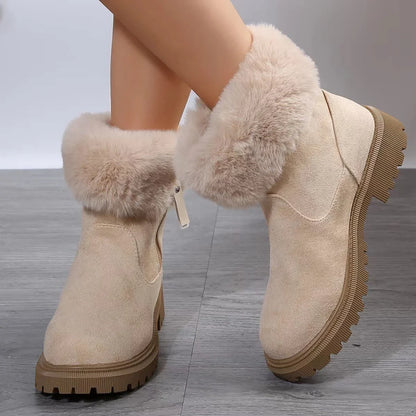 Cosy winter boots with plush lining, side zipper, and rubber soles for women in beige and black colours