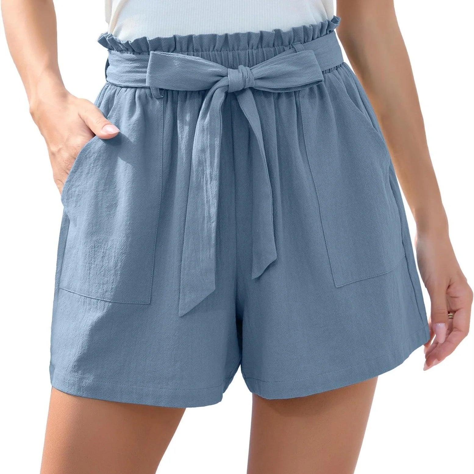 Stylish high waist women's shorts with ruffle bow tie detail and pockets for summer