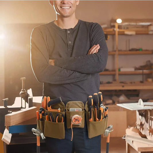 Adjustable tool belt made from durable 900D Oxford cloth with 19 pockets and 20 kg capacity, available in khaki and pink colours