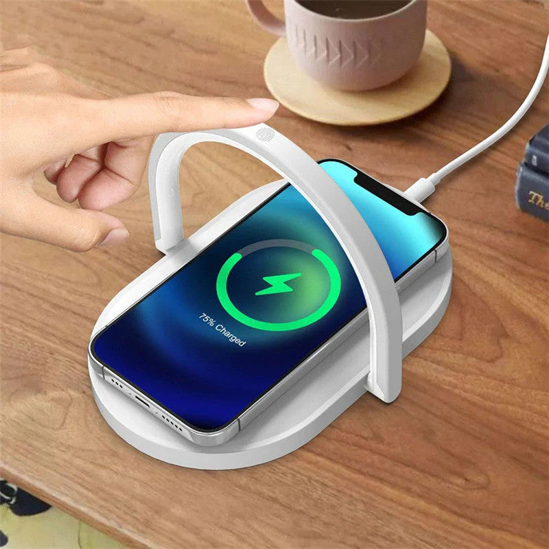 Portable 15W dimming desk lamp with wireless charging feature in black and white