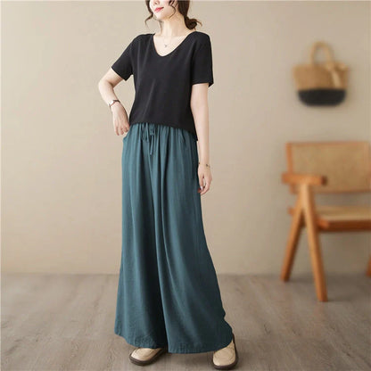 Stylish plus size wide leg straight casual trousers in black, light khaki, and blue green