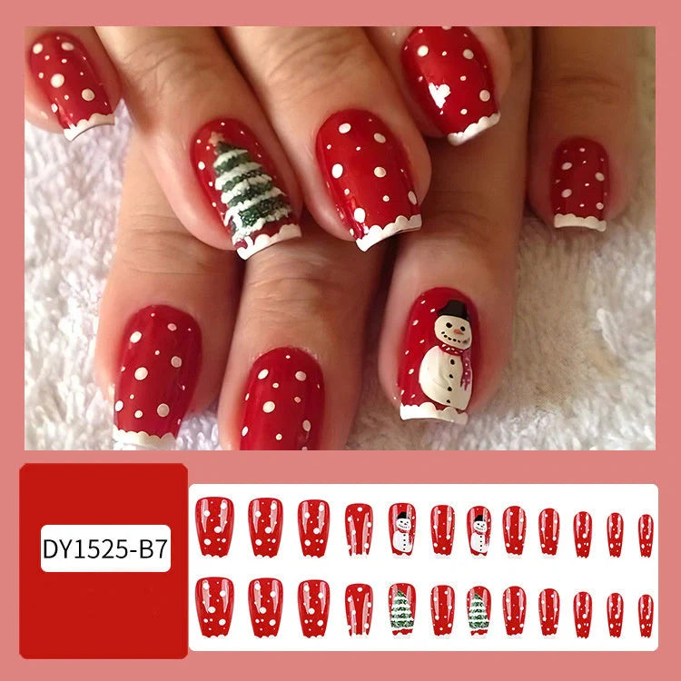 24pcs Christmas false nails with hat striped snowflake design for holiday parties