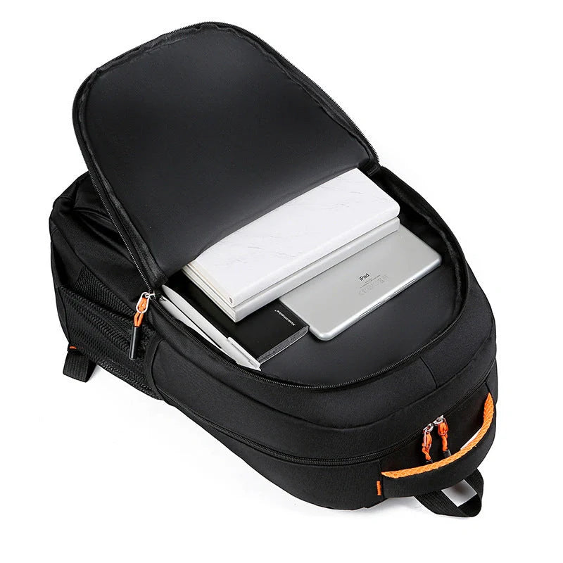 Men's large capacity anti-theft computer backpack in green, blue, black, and orange