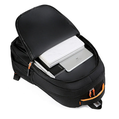 Men's large capacity anti-theft computer backpack in green, blue, black, and orange
