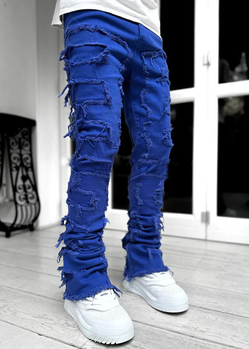 Stylish patched jeans with tight fit and stacked leg design in a variety of fashionable colors