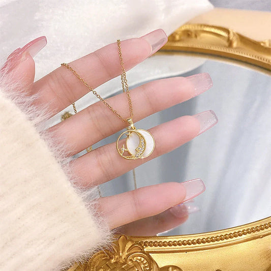 Design Star Moon Mother Shell Pendant Necklace in gold, silver, and copper options