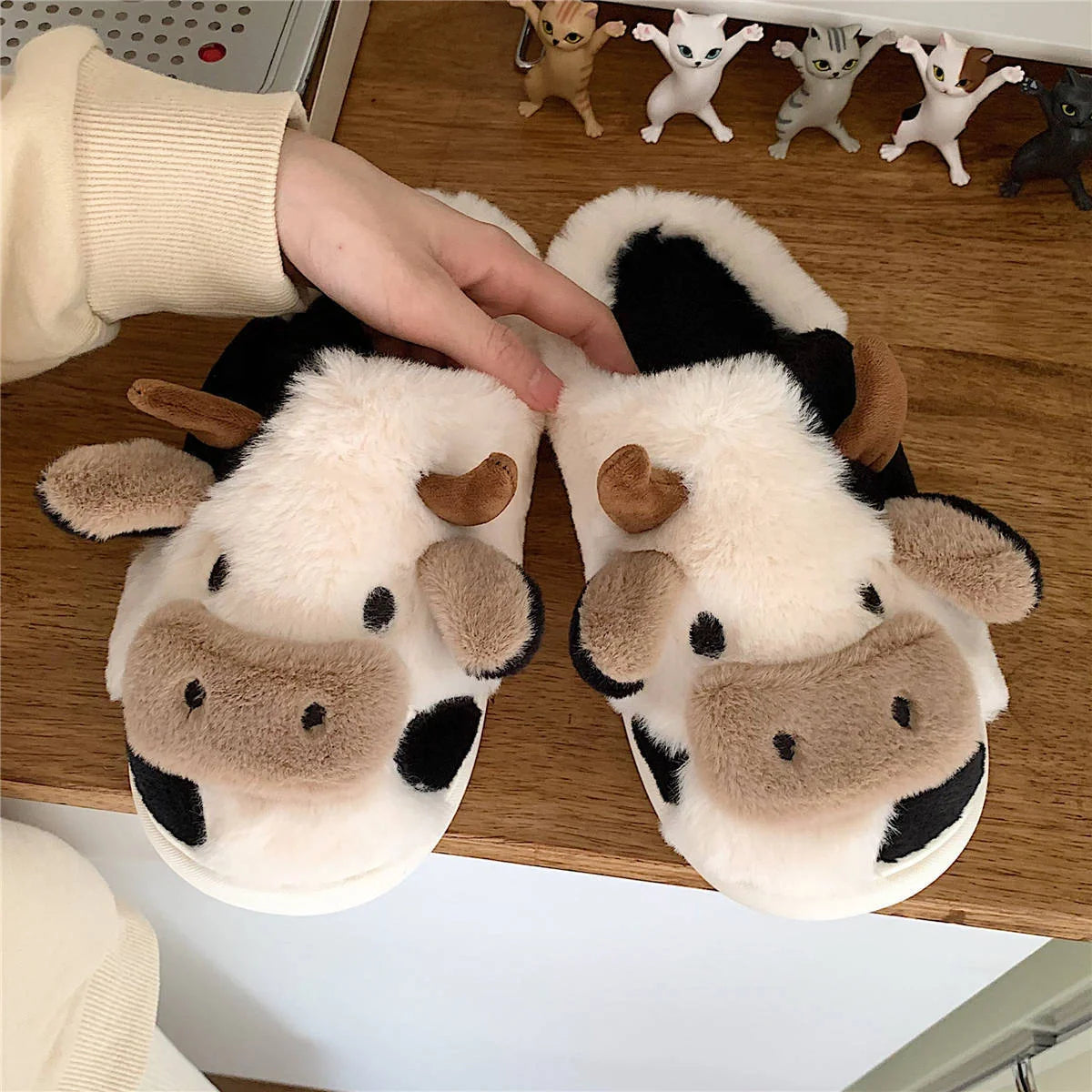 Women's Kawaii Cow Slippers with non-slip sole and plush lining in white and coffee colors