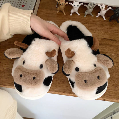 Women's Kawaii Cow Slippers with non-slip sole and plush lining in white and coffee colors