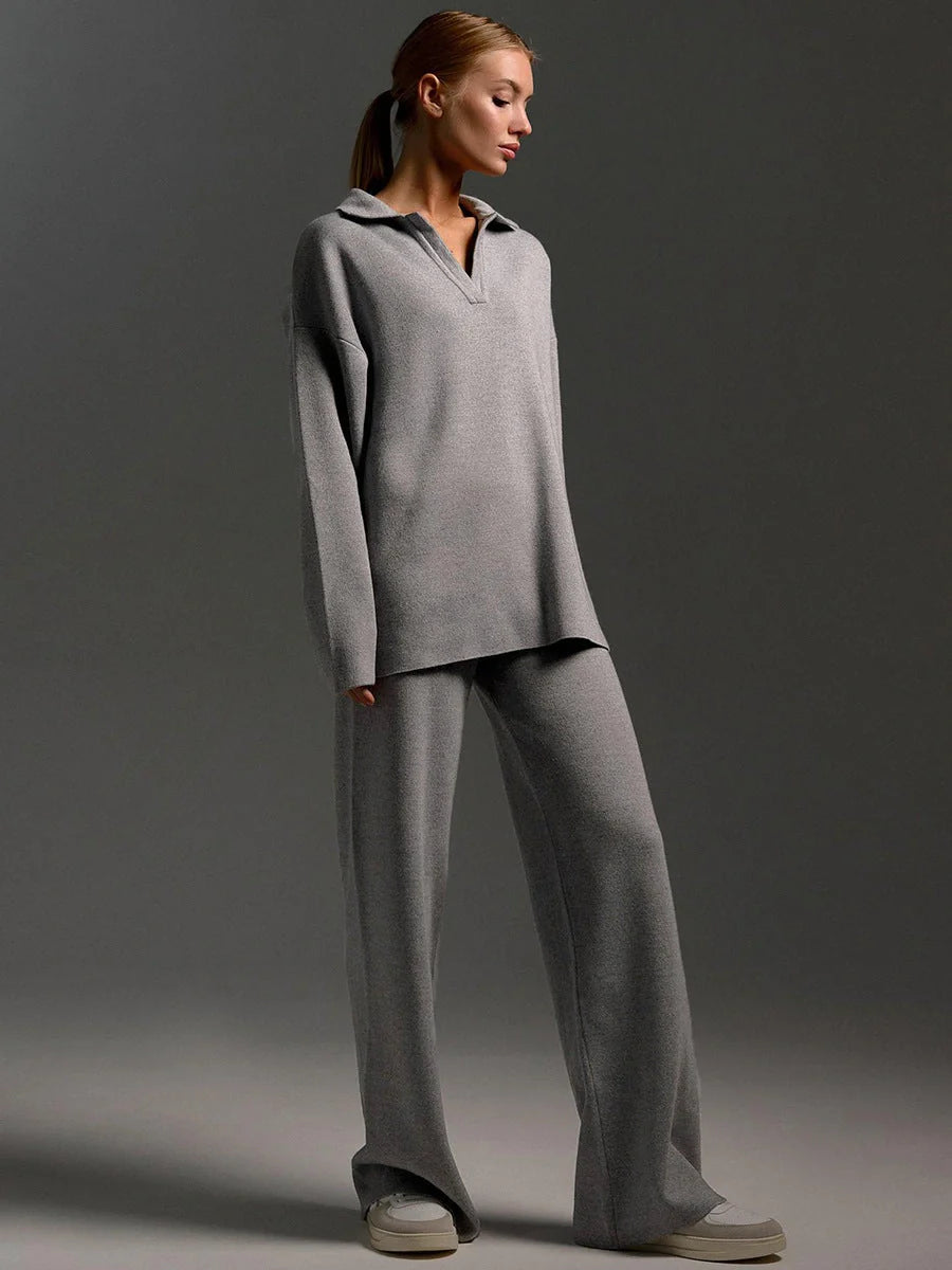 Women's loose collar sweater set in solid colours, made from 100% cotton