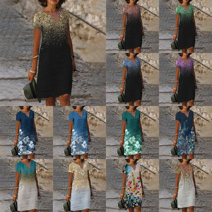 Cotton blend printed dress for women in navy blue, blue, and green, perfect for spring commuting
