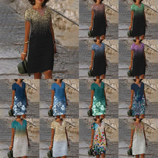 Cotton blend printed dress for women in navy blue, blue, and green, perfect for spring commuting