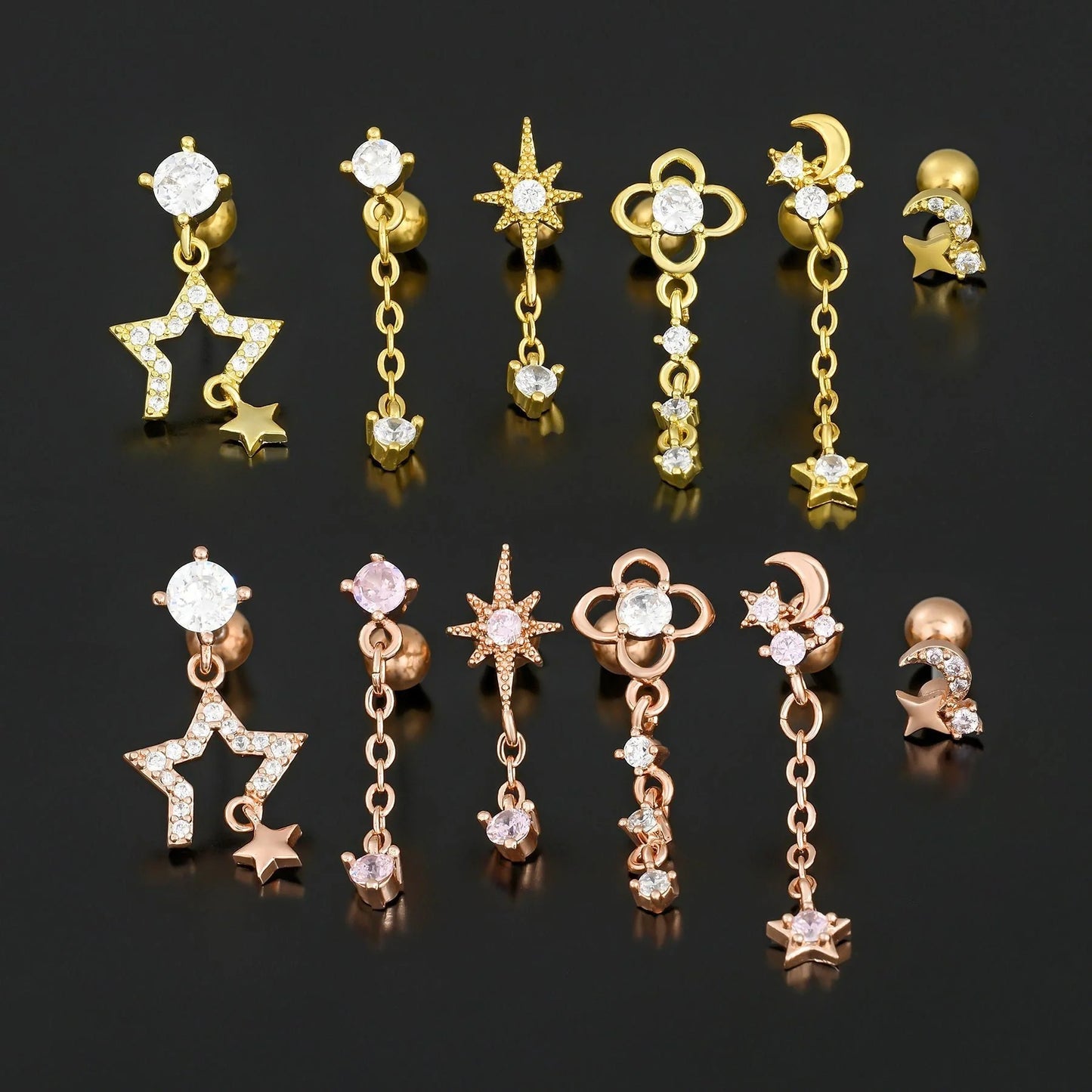 Star and Moon Cubic Zirconia Stainless Steel Cartilage Earring in gold and white K